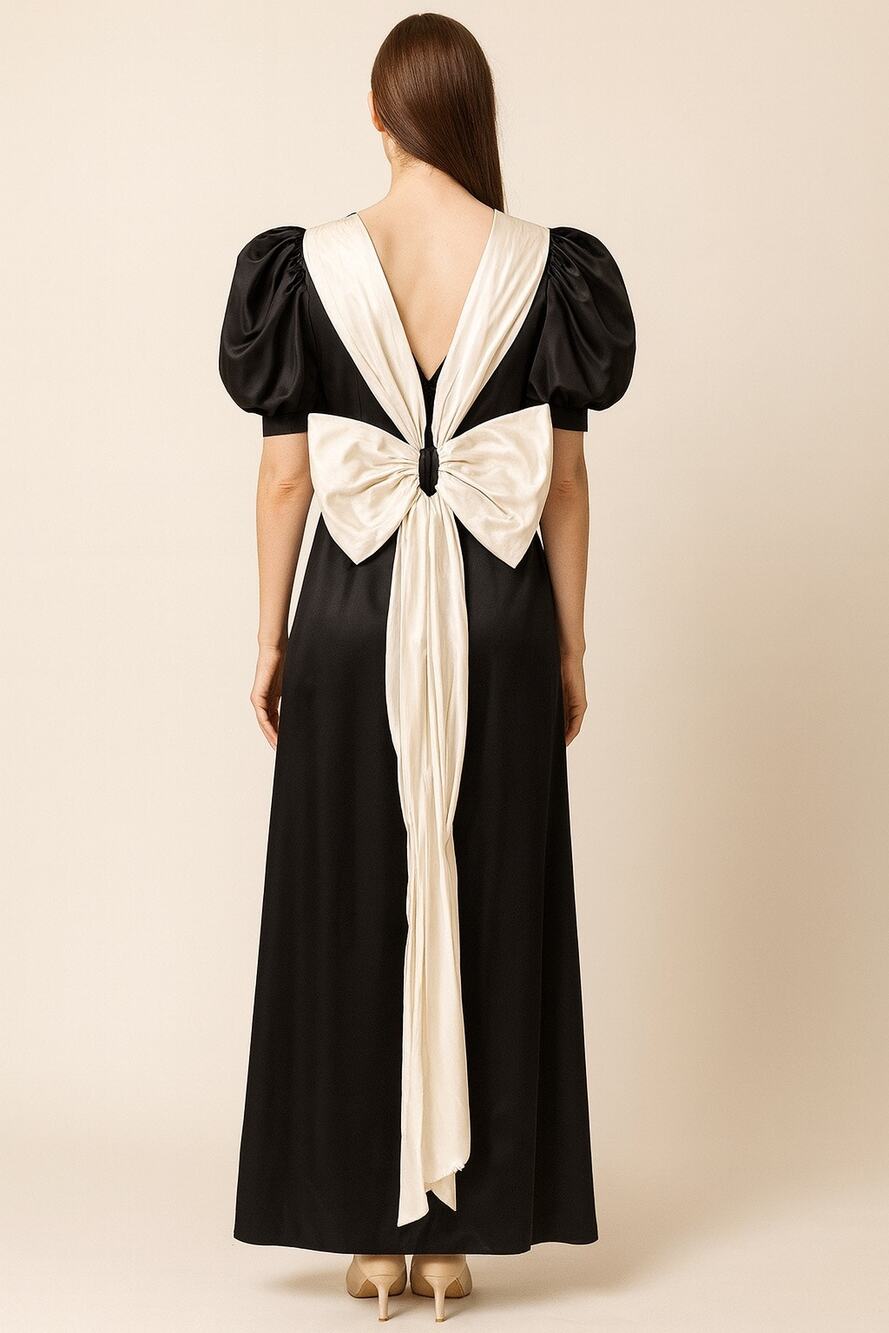 1980s Black Satin Evening Gown with Ivory Statement Bow unbranded small- medium